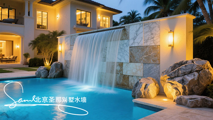 jimeng-2025-06-20-7537-這是一別墅處戶外大理石制作的平板水墻景觀。水墻由多種平面石板組成漂亮的效果。水從....jpeg